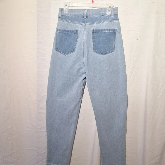 SHEIN Three-Tone Patchwork Light,  Medium, Dark Blue Jeans, High Rise, Wide Leg, - Picture 7 of 13